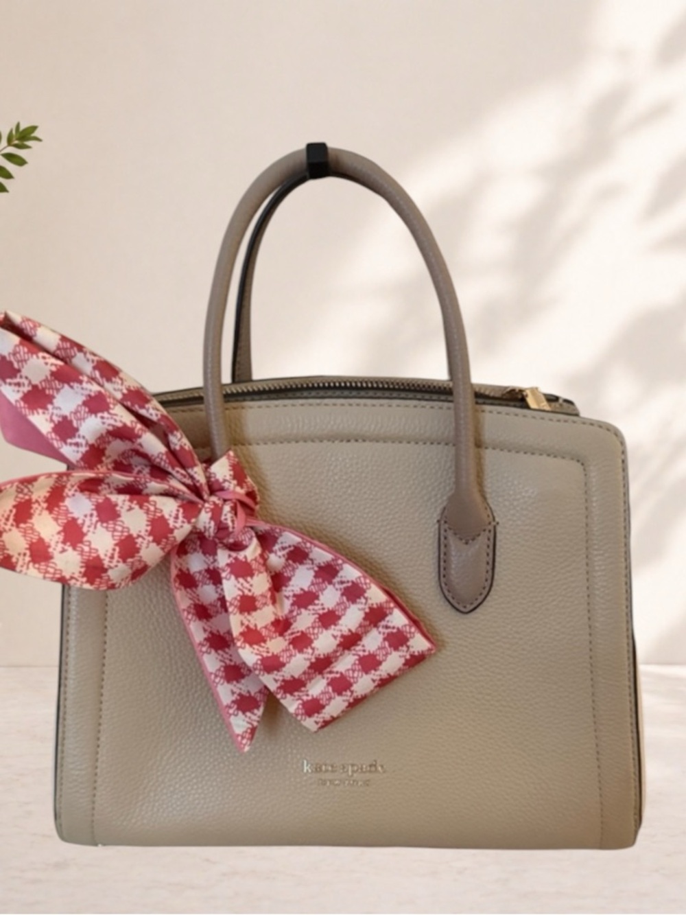 Kate Spade Beige Leather Satchel with Pink Gingham Bow